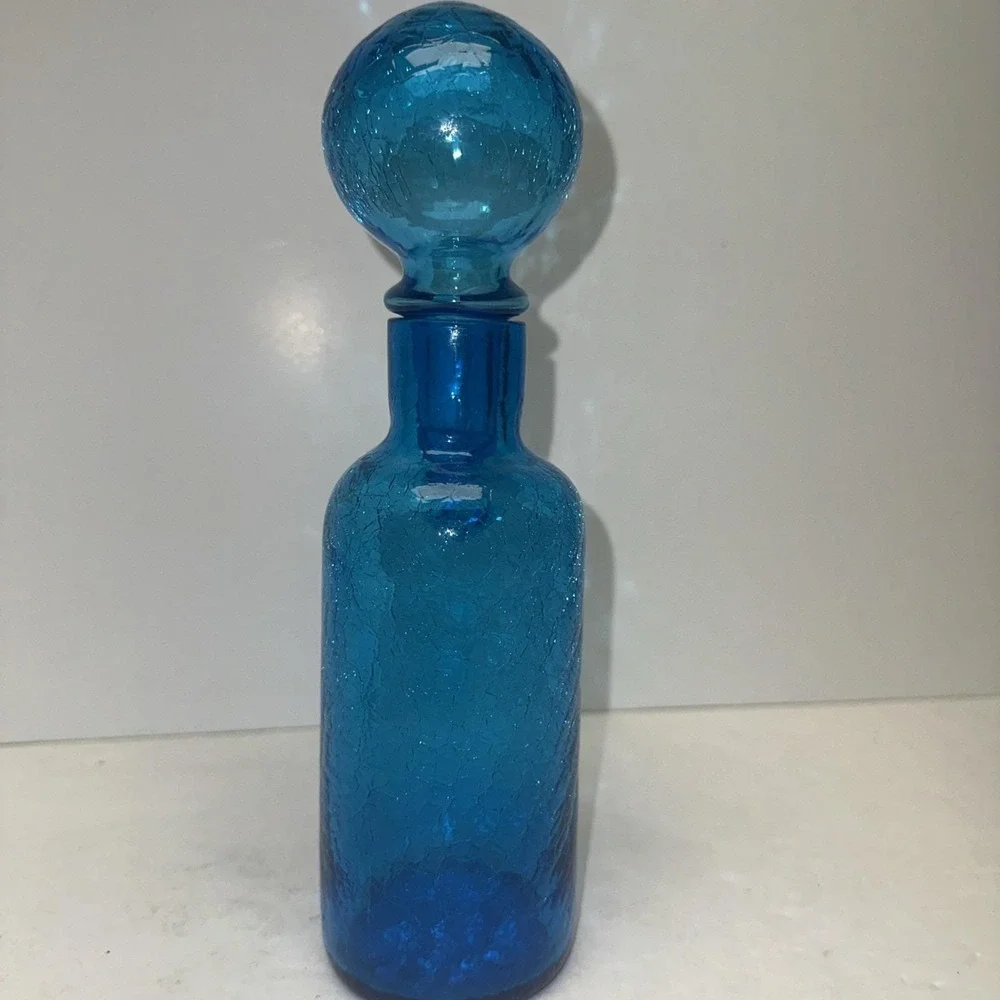 Blue Crackle Glass Decanter W/ Stopper Mid Century Modern MCM